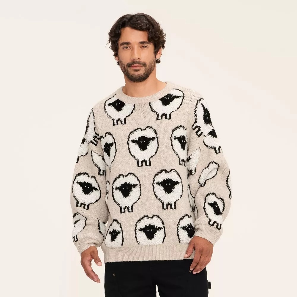 NWT! Woolrich x Target Unisex Adult L Large Sheep Print Pullover Sweater, Taupe - Picture 6 of 12